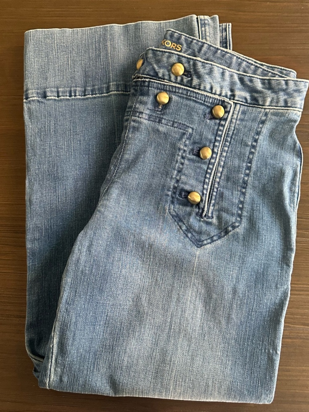 Michael Kors Medium Blue Sailor-Style Wide Leg Jeans with Gold Buttons-Size 8